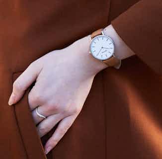 Vegan Leather Round Watch | Petite | Silver & Tan from Votch in vegan leather watches for women, sustainable vegan accessories for women