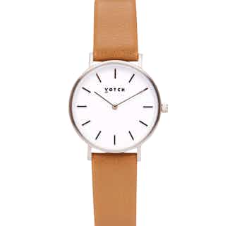 Vegan Leather Round Watch | Petite | Silver & Tan from Votch in vegan leather watches for women, sustainable vegan accessories for women