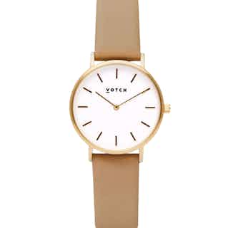 Vegan Leather Round Watch | Petite | Gold & Tan from Votch in vegan leather watches for men, ethical men's fashion accessories
