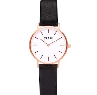 Vegan Leather Round Watch | Petite | Rose Gold & Black from Votch in vegan leather watches for men, ethical men's fashion accessories