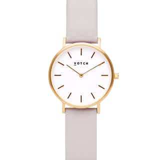 Vegan Leather Round Watch | Petite | Gold & Light Grey from Votch in vegan leather watches for men, ethical men's fashion accessories