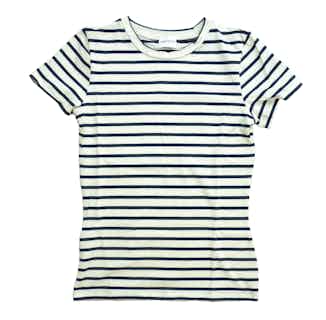 Organic Cotton Wide Stripe T-Shirt | Navy & White from Rozenbroek in eco-conscious t-shirts for women, Sustainable Tops For Women