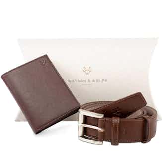 Trifold | Recycled Plastic Wallet & Belt Gift Set | Brown from Watson & Wolfe in vegan leather belts for men, ethical men's fashion accessories