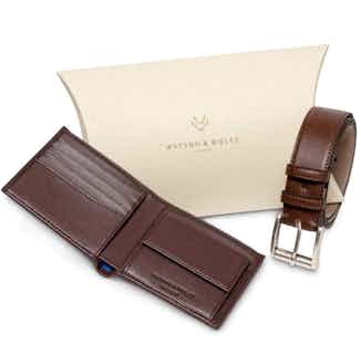 Corn Plant Leather Coin Wallet & Belt Gift Set | Brown & Blue from Watson & Wolfe in vegan leather belts for men, ethical men's fashion accessories