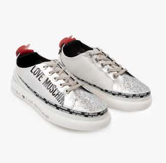 LoveMoschino | Vegan Leather Trainers | Silver & Violet from ACBC in sustainable women's trainers, sustainable ethical shoes for women
