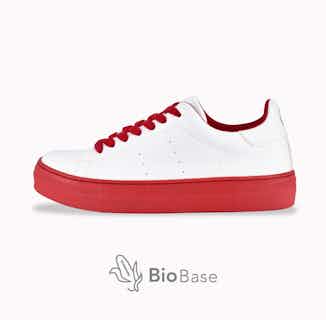 Alice+Olivia Thea | Corn Based Vegan Leather Trainers | White & Red from ACBC in sustainable ethical shoes for women, Women's Sustainable Clothing