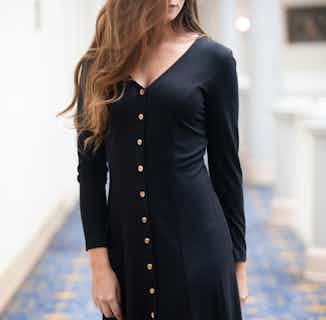 Camellia | TENCEL® V-Neck A Line Dress with Flamed Buttons | Black from Avani in ethical dresses for women, ethical skirts & dresses