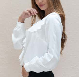 Magnolia | TENCEL® Ruffled Blouse with V-Neck & Gathered Cuffs | White from Avani in Sustainable Tops For Women, Women's Sustainable Clothing