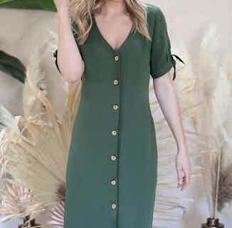 Saule | TENCEL® Button Down A Line Dress | Olive Green from Avani in ethical dresses for women, ethical skirts & dresses