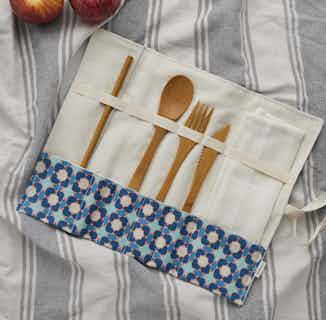 Organic Cotton Cutlery Roll with Bamboo Utensils | Blue Floral from Tabitha Eve in eco-friendly dinnerware, sustainable kitchen items