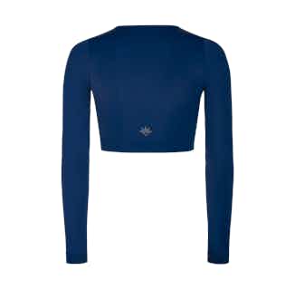 Dreamer | Regenerated Fabric Long Sleeved Crop Yoga Top | Navy | Sage from Inhala Soulwear in sustainable gym tops, sustainable workout gear for women