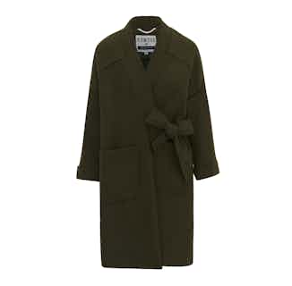 Kung Fu PET | Women's Long Wrap Coat | Olive Green from Komodo in ethically made coats & jackets for women, Women's Sustainable Clothing