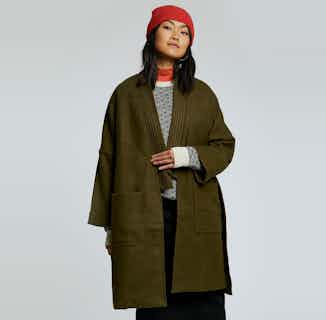 Kung Fu PET | Women's Long Wrap Coat | Olive Green from Komodo in ethically made coats & jackets for women, Women's Sustainable Clothing