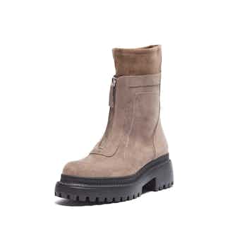 Lidia | Vegan Suede Chunky Zip Up Front Biker Boot | Taupe from Mireia Playà in sustainable ethical shoes for women, Women's Sustainable Clothing