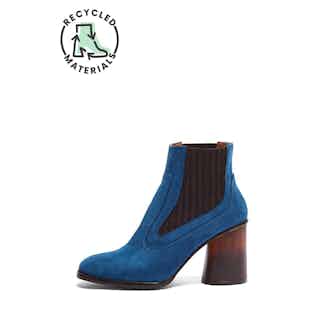 Elisabet | Vegan Suede Recycled Wooden Heeled Ankle Boot | Blue from Mireia Playà in sustainable ethical shoes for women, Women's Sustainable Clothing