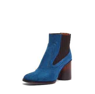 Elisabet | Vegan Suede Recycled Wooden Heeled Ankle Boot | Blue from Mireia Playà in sustainable ethical shoes for women, Women's Sustainable Clothing
