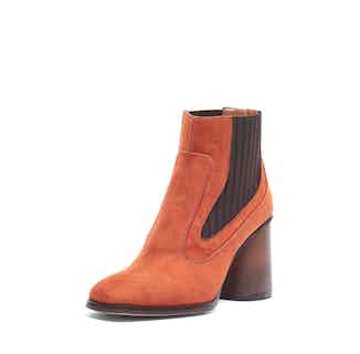 Elisabet | Vegan Suede Recycled Wooden Heeled Ankle Boot | Burnt Orange from Mireia Playà in sustainable ethical shoes for women, Women's Sustainable Clothing
