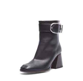 Laura | Vegan Leather Silver Buckle Ankle Heeled Boot | Black from Mireia Playà in sustainable ethical shoes for women, Women's Sustainable Clothing
