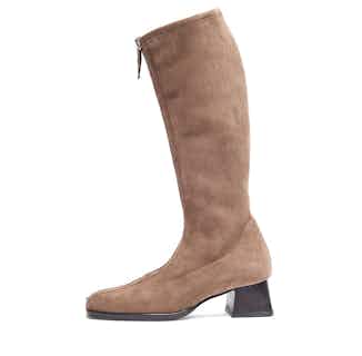 Leticia | Vegan Suede Knee High Zip Front Boot | Taupe from Mireia Playà in sustainable ethical shoes for women, Women's Sustainable Clothing