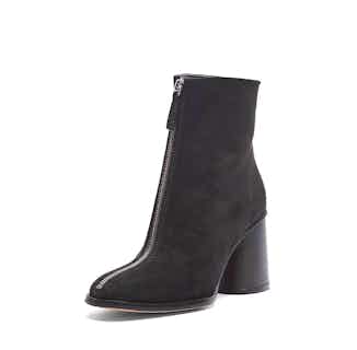 Lourdes | Vegan Suede Zip Front Ankle Boot with Wooden Heel | Black from Mireia Playà in sustainable ethical shoes for women, Women's Sustainable Clothing