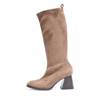 The Luz | Vegan Suede Knee High Heeled Pull-on Boot | Taupe from Mireia Playà in sustainable boots for women, sustainable ethical shoes for women