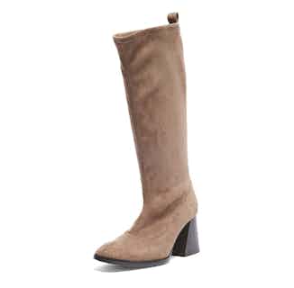 The Luz | Vegan Suede Knee High Heeled Pull-on Boot | Taupe from Mireia Playà in sustainable boots for women, sustainable ethical shoes for women