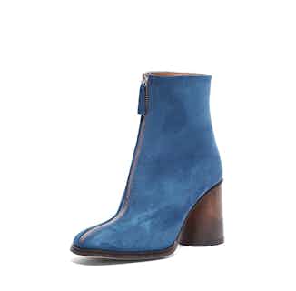 Lourdes | Vegan Suede Zip Front Ankle Boot with Wooden Heel | Blue from Mireia Playà in sustainable boots for women, sustainable ethical shoes for women