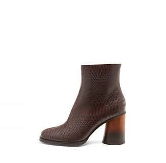Edita Sn | Vegan Snake- Look Heeled Pointed Boot | Brown from Mireia Playà in sustainable ethical shoes for women, Women's Sustainable Clothing