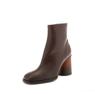 Edita Sn | Vegan Snake- Look Heeled Pointed Boot | Brown from Mireia Playà in sustainable ethical shoes for women, Women's Sustainable Clothing