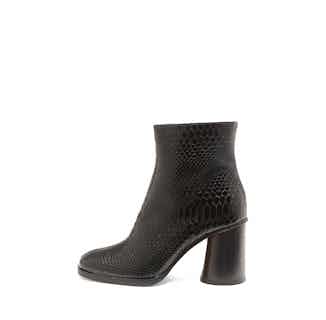 Edita Sn | Vegan Snake- Look Heeled Pointed Boot | Black from Mireia Playà in sustainable ethical shoes for women, Women's Sustainable Clothing