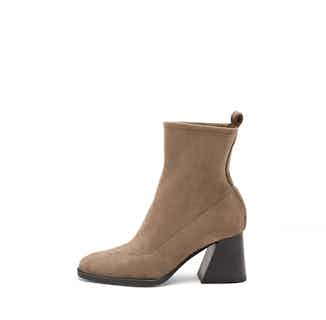 Gabriela | Vegan Suede Square Heeled Ankle Boot | Taupe from Mireia Playà in sustainable ethical shoes for women, Women's Sustainable Clothing