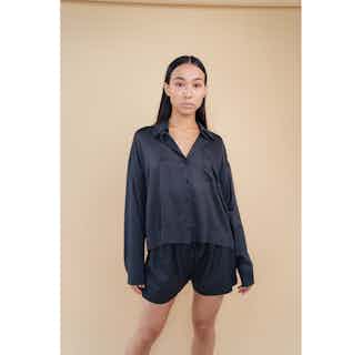 Maggie | 100% Organic Bamboo French Seamed Shirt | Midnight Black from Good House London in sustainable cotton shirts for women, Sustainable Tops For Women