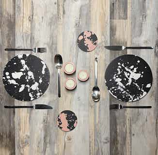 Hand Poured Concrete Coasters | Black/Blush Splatter | Set of 4 from Concrete & Wax in eco-friendly homeware, Sustainable Homeware & Leisure
